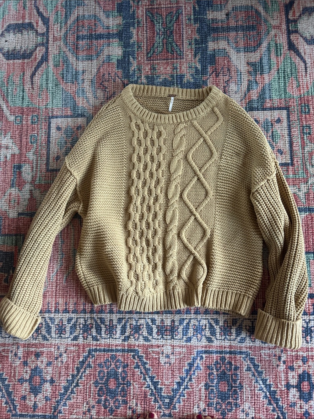 Free People Frankie Sweater, fisherman cable knit, slouchy, Camel, large